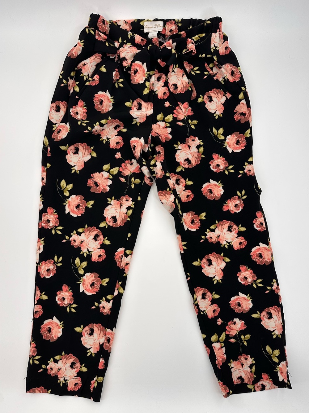 Black & Pink Floral Waist Tie Ankle Pants Size Small